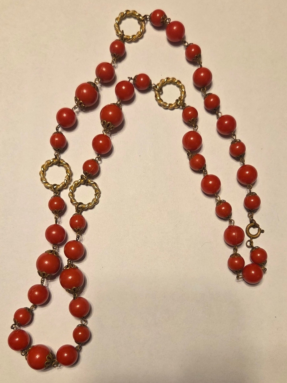 Vintage Red Bead Necklace with Gold-Tone Accents
